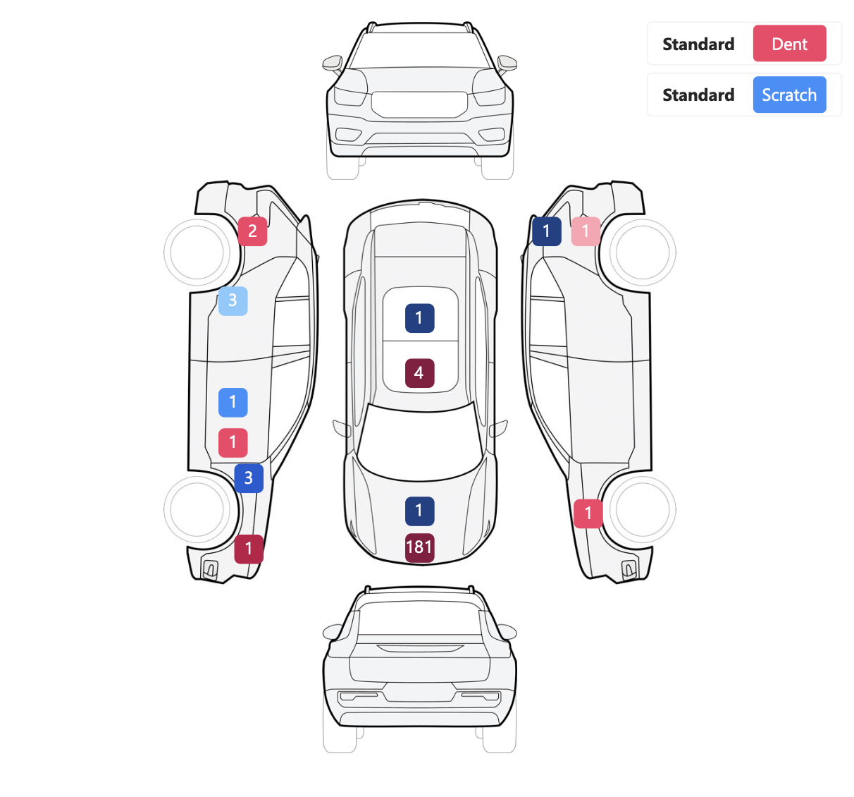 Scanner 360° superficie — mappa danni veicolo